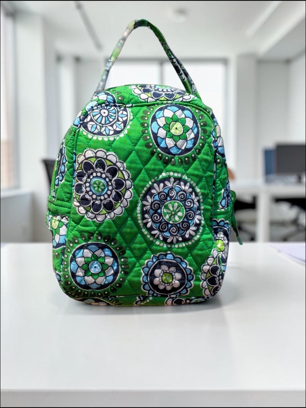 Vera Bradley Quilted Lunch Bag with Green and Blue Floral Medallion Print